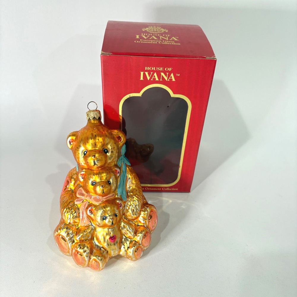 House of Ivana European Glass Teddy Bear Trio Ornament Ivana Trump Gold Boxed